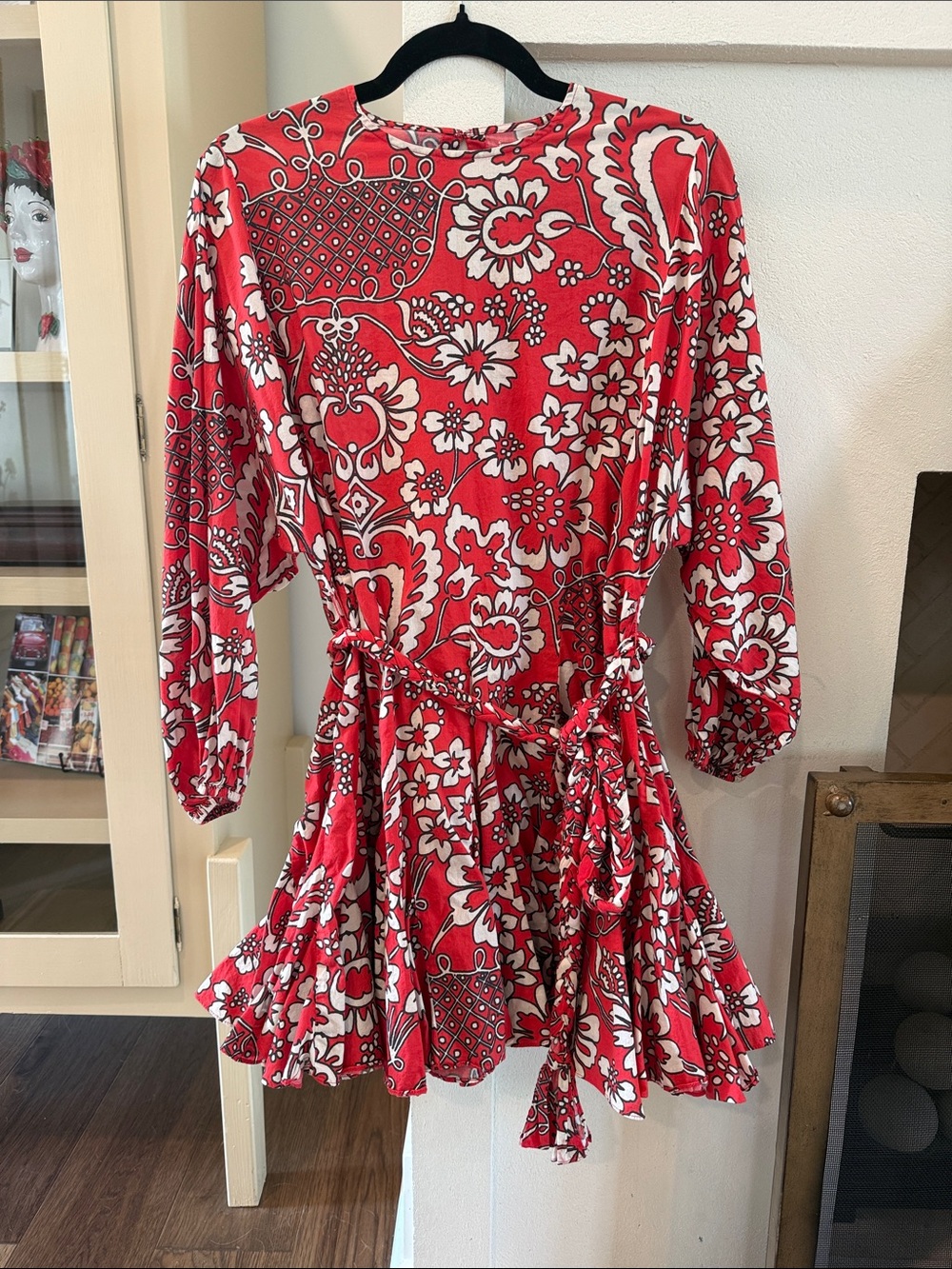 RHODE Red and White Floral Tie-Waist Casual Dress